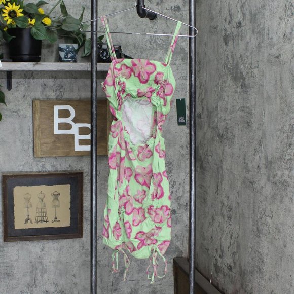 NWT Wild Fable Women's Cut Out Ruched Front Bodycon Dress S Mint Green Floral - Picture 2 of 7